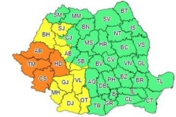 Cod portocaliu de ploi torenţiale, vijelii şi grindină în 4 judeţe din vestul ţării și cod galben de instabilitate atmosferică în Banat, Crișana, vestul Transilvaniei și în Oltenia