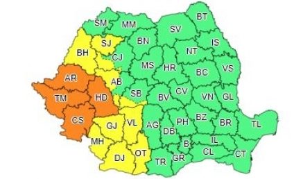 Cod portocaliu de ploi torenţiale, vijelii şi grindină în 4 judeţe din vestul ţării și cod galben de instabilitate atmosferică în Banat, Crișana, vestul Transilvaniei și în Oltenia