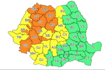 Avertizări meteo de ploi și vijelii, emise pentru 22 de județe și valabile până la ora 23.00. În zilele următoare, instabilitate atmosferică accentuată în cea mai mare parte a țării