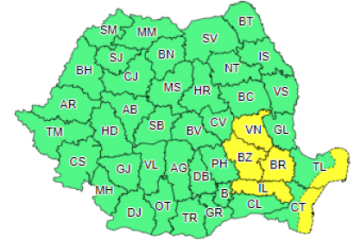 Cod galben de intensificări ale vântului pentru şase judeţe, valabilă de luni seara până marţi dimineaţa