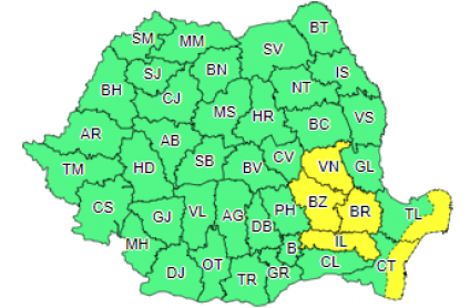 Cod galben de intensificări ale vântului pentru şase judeţe, valabilă de luni seara până marţi dimineaţa