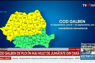 Cod galben de ploi şi vijelii pentru mai mult de jumătate din ţară până luni dimineaţă