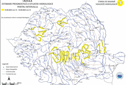 Cod galben de inundaţii în nouă bazine hidrografice din judeţe situate în Moldova, Transilvania, Muntenia şi Crişana