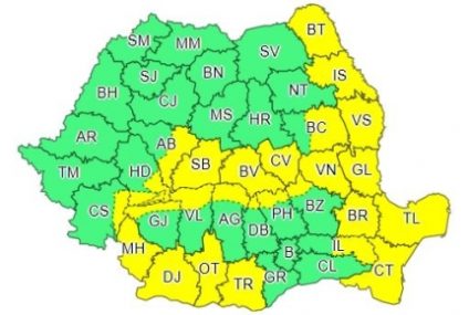 Cod galben de intensificări ale vântului în 26 de judeţe, începând de duminică după-amiaza