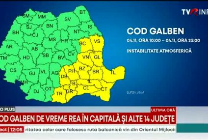 Cod galben de instabilitate atmosferică în 14 judeţe şi Bucureşti, până la ora 23:00. Vor fi intensificări ale vântului cu rafale de până la 65 km/h, izolat vijelii puternice, cu rafale de peste 70 km/h, descărcări electrice şi izolat grindină