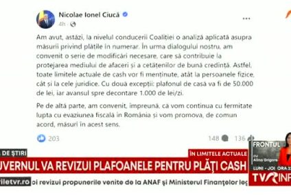 Guvernul renunță la noile plafoane pentru plățile cash și le menține pe cele care sunt deja în vigoare, cu două excepții, legate de banii din casierie și deconturi