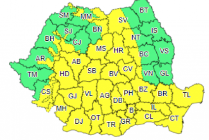 Cod galben de vânt puternic în aproape toată ţara, până duminică dimineaţă. Ninsori şi viscol la altitudini mari. Ploi şi vânt în Bucureşti
