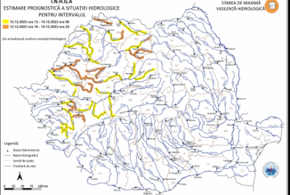 Atenţionări Cod galben şi Cod portocaliu de inundaţii în 15 bazine hidrografice, până vineri dimineaţa