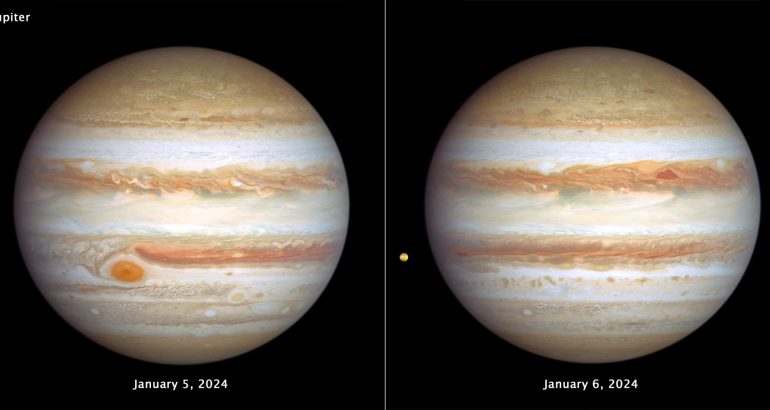 jupiter-unveiled:-hubble-captures-the-giant’s-roaring-storms-and-volcanic-moon-io-–-scitechdaily